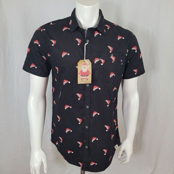 Free Planet Black Button Down Santa Hat Believe Short Sleeve Collar Shirt Size L - Picture 1 of 7